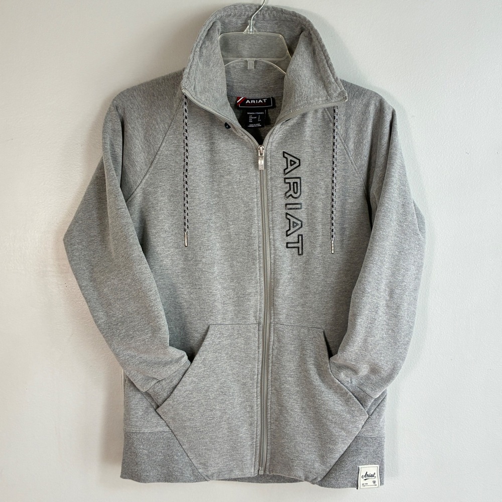 Ariat Full Zip Sweatshirt Women Small Gray Logo Equestrian‎ Mock Neck Hoodie